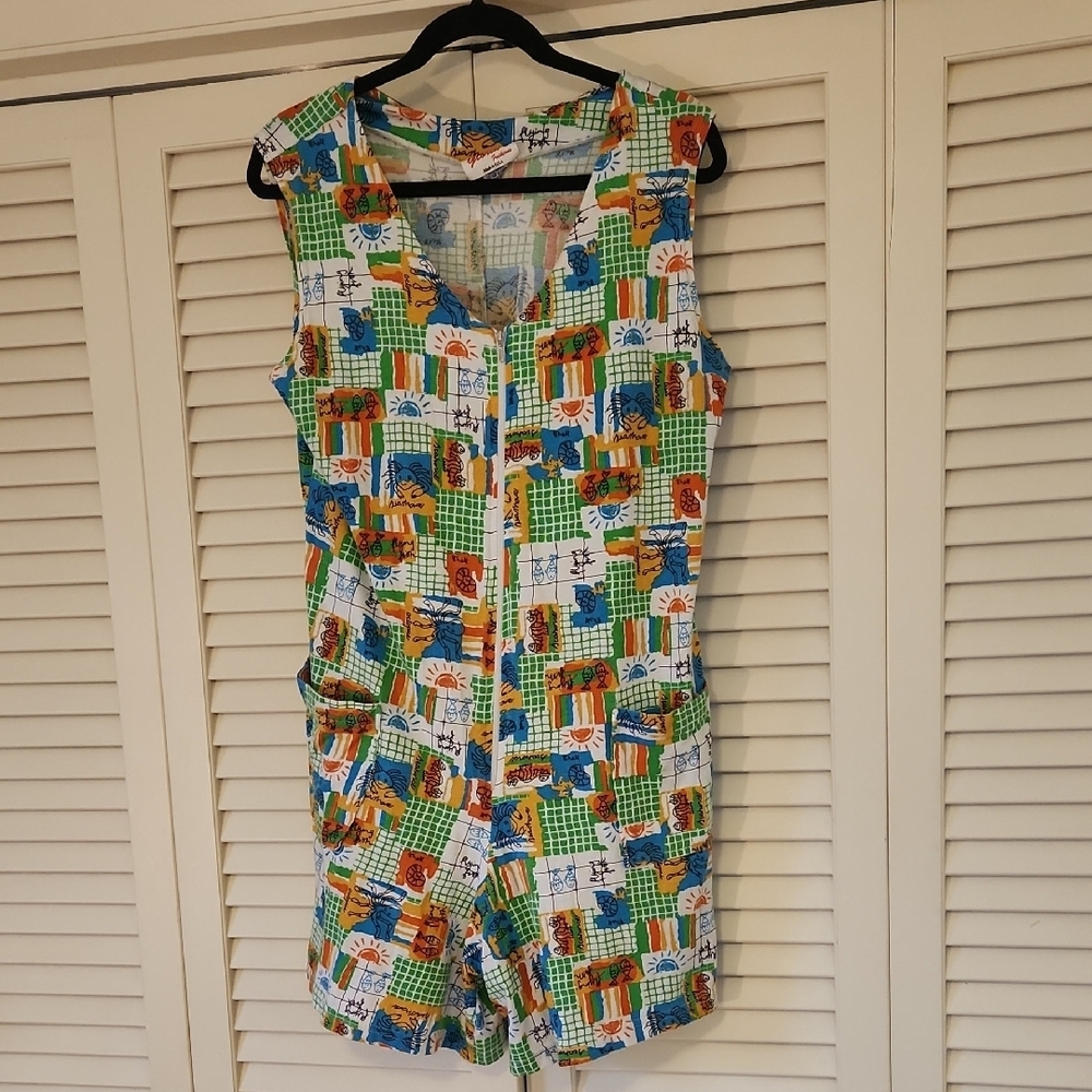 Vintage Romper Geometric Beach Multicolored Print With Front Zipper